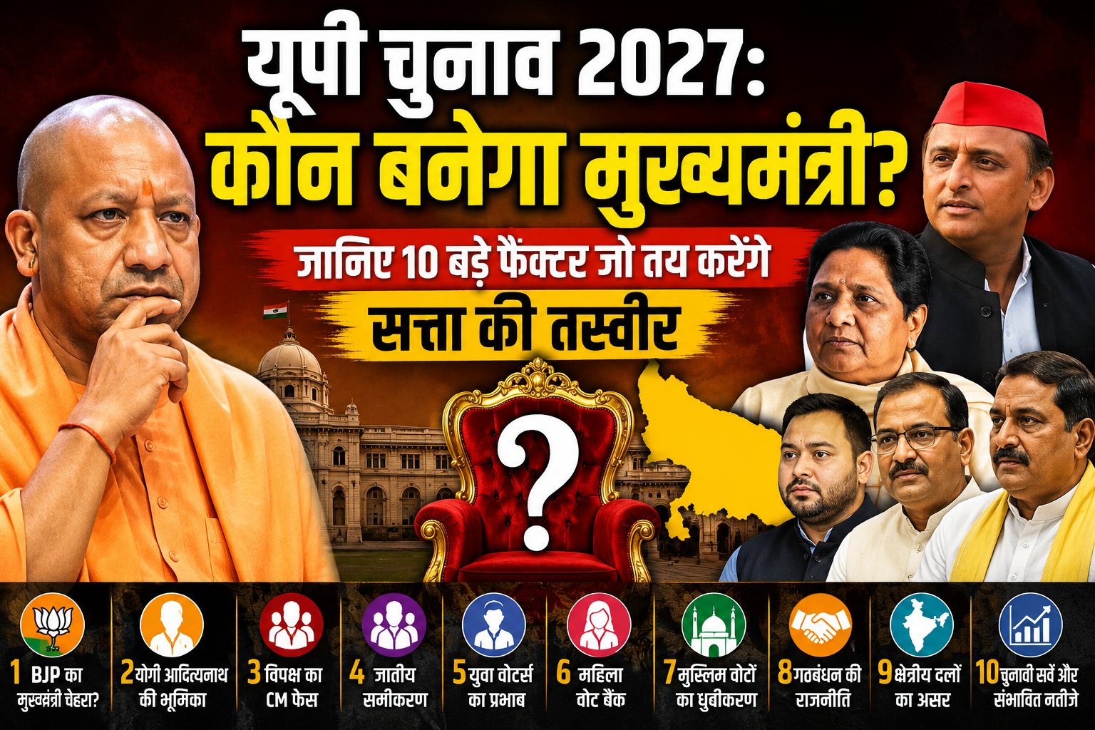 यूपी चुनाव 2027: कौन बनेगा मुख्यमंत्री? जानिए 10 बड़े फैक्टर जो तय करेंगे सत्ता की तस्वीर